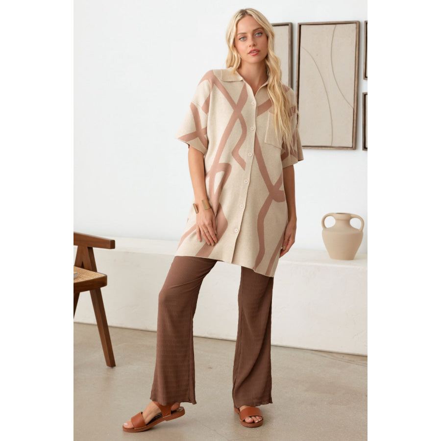 Tasha Apparel Abstract Collared Button Down Sweater Dress Cream Tan / XS Apparel and Accessories