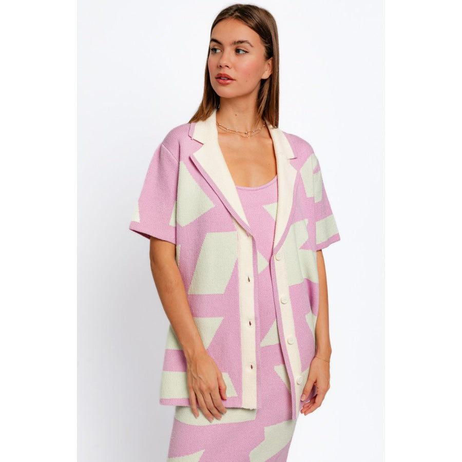 Tasha Apparel Abstract Contrast Short Sleeve Collared Cardigan Pink Mint / XS Apparel and Accessories