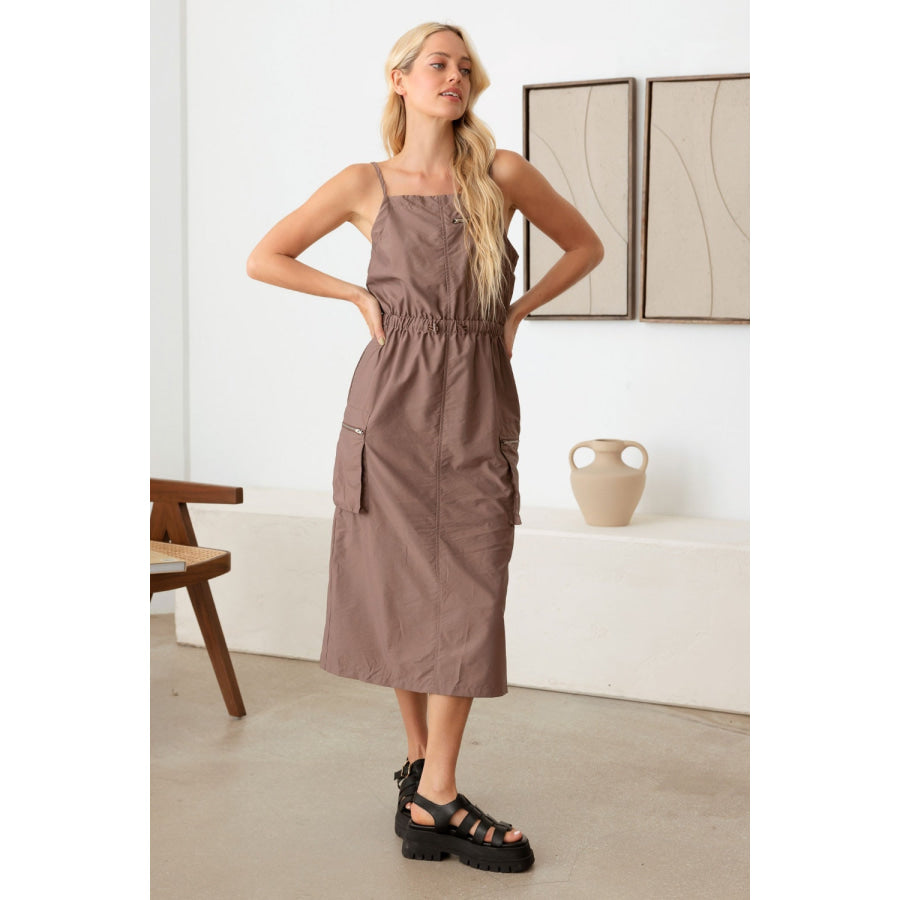 Tasha Apparel Adjustable Strap Waist Drawstring Cargo Midi Dress Mocha / XS Apparel and Accessories