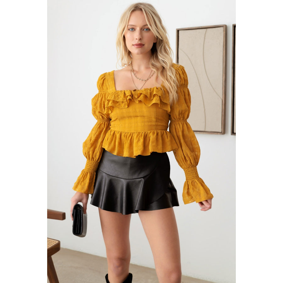 Tasha Apparel Boho Shirred Smocked Peplum Long Sleeve Top Apparel and Accessories