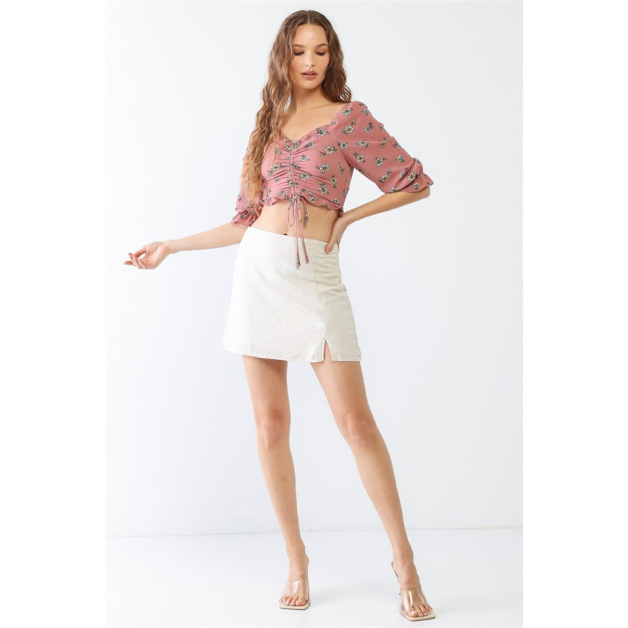 Tasha Apparel Floral Ruffle Smocked Back Ruched Crop Top Apparel and Accessories