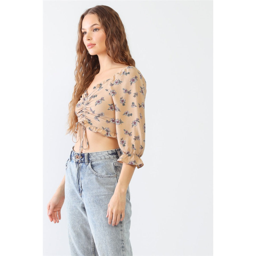 Tasha Apparel Floral Ruffle Smocked Back Ruched Crop Top Apparel and Accessories