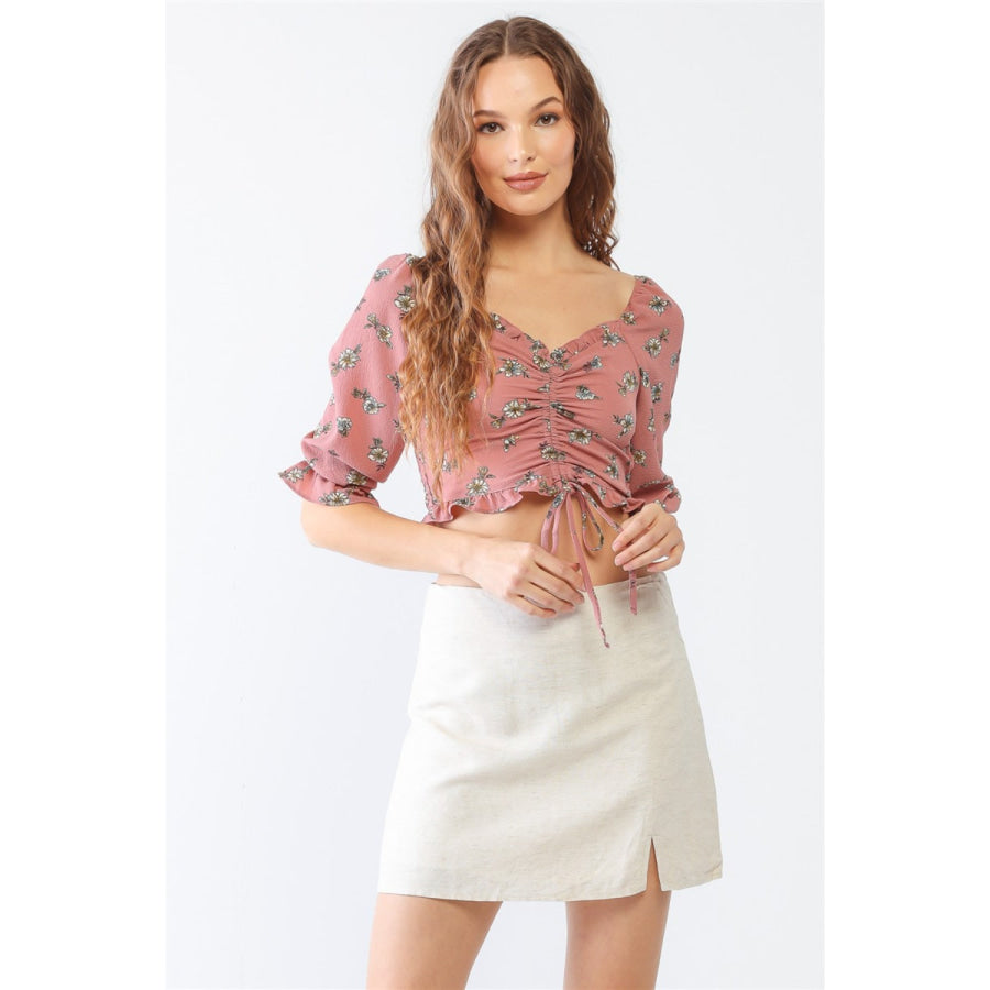 Tasha Apparel Floral Ruffle Smocked Back Ruched Crop Top Mauve / S Apparel and Accessories