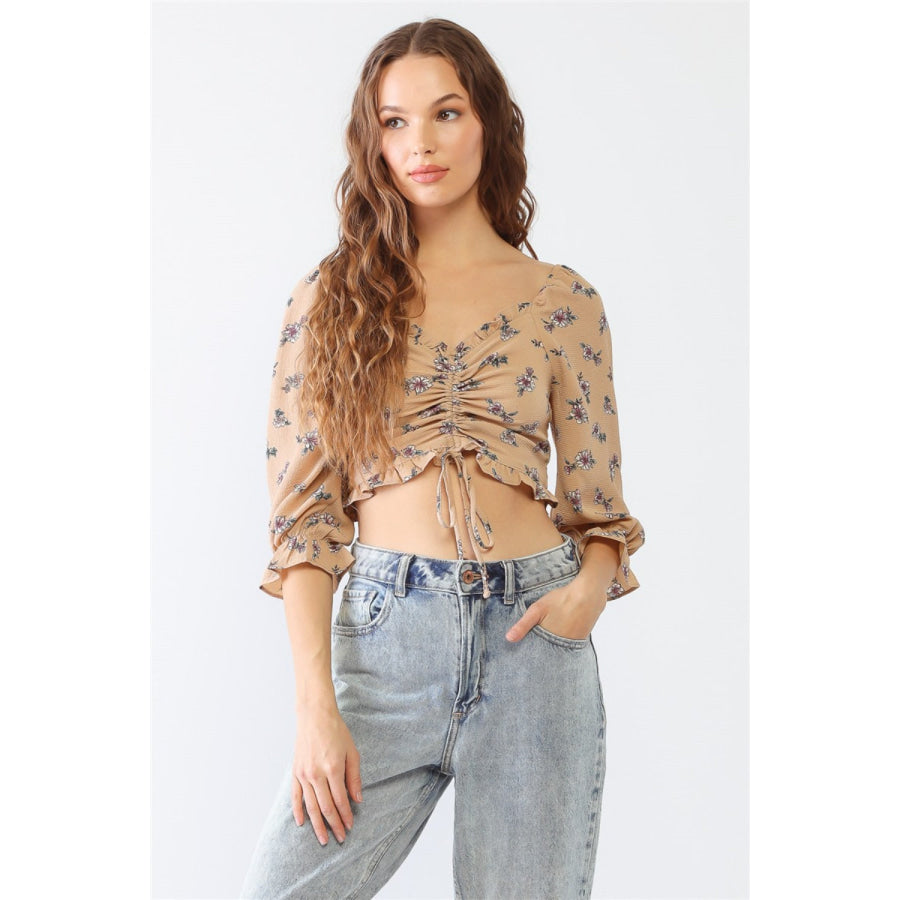 Tasha Apparel Floral Ruffle Smocked Back Ruched Crop Top Taupe / S Apparel and Accessories