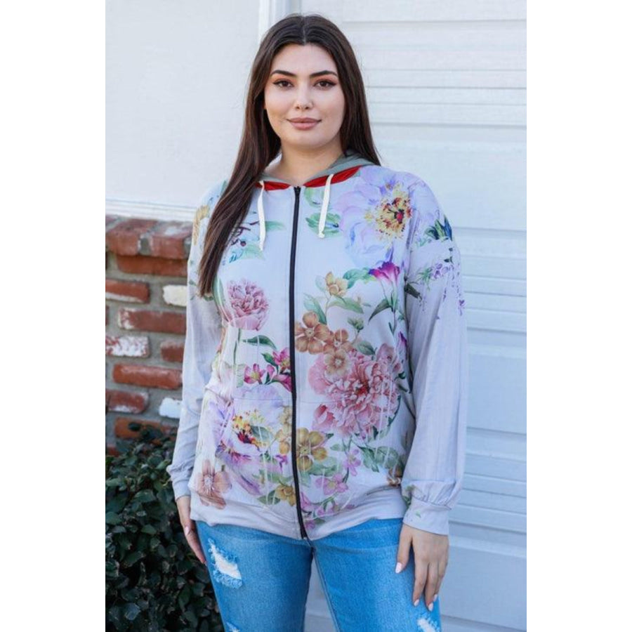 Tasha Apparel Full Size Floral Zip Up Hoodie Apparel and Accessories