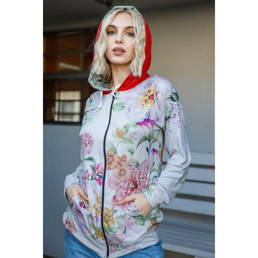 Tasha Apparel Full Size Floral Zip Up Hoodie Pink Floral / S Apparel and Accessories
