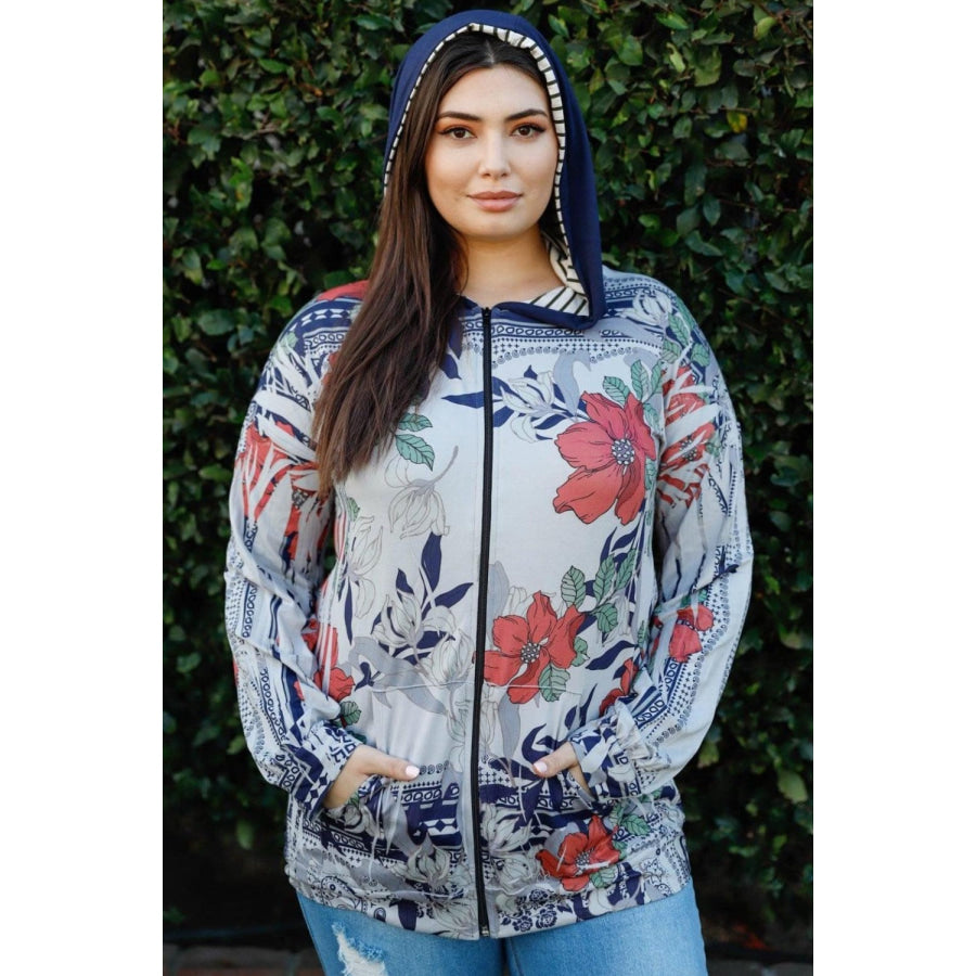 Tasha Apparel Full Size Floral Zip Up Hoodie Rust Floral / S Apparel and Accessories