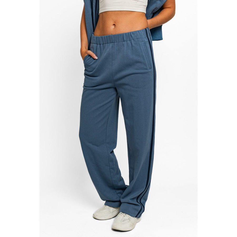 Tasha Apparel High Waisted Side Stripes Straight Track Sweatpants Dusty Blue / XS Apparel and Accessories