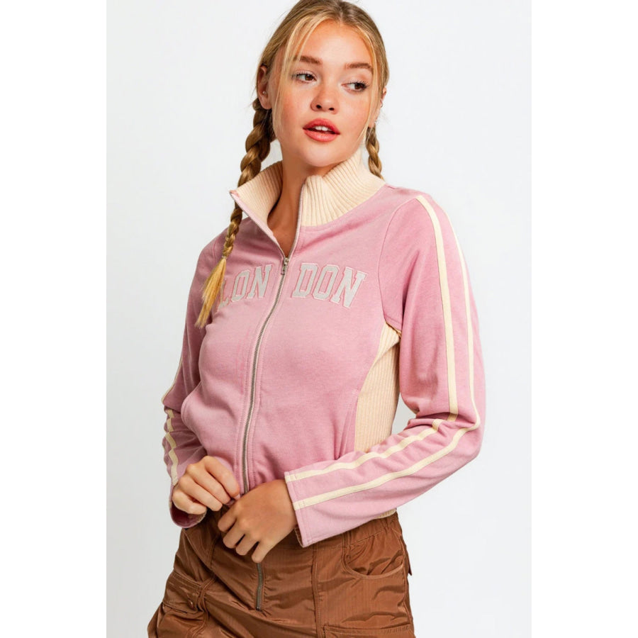 Tasha Apparel Long Sleeve Mock Neck LONDON Embroidered Jacket Blush / XS Apparel and Accessories