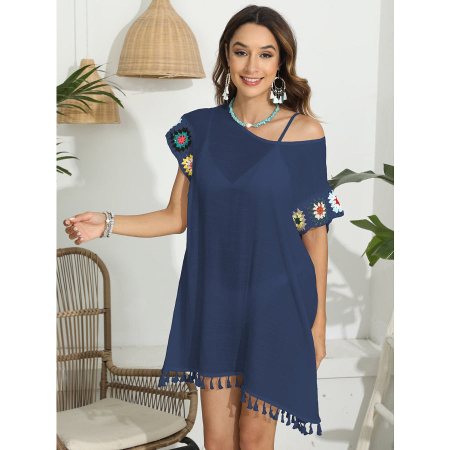 Tassel Boat Neck Flutter Sleeve Cover Up Apparel and Accessories