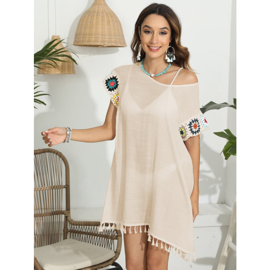 Tassel Boat Neck Flutter Sleeve Cover Up Apparel and Accessories