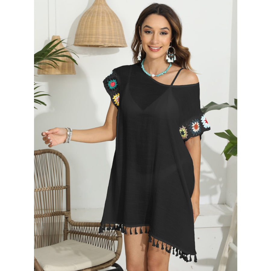 Tassel Boat Neck Flutter Sleeve Cover Up Apparel and Accessories
