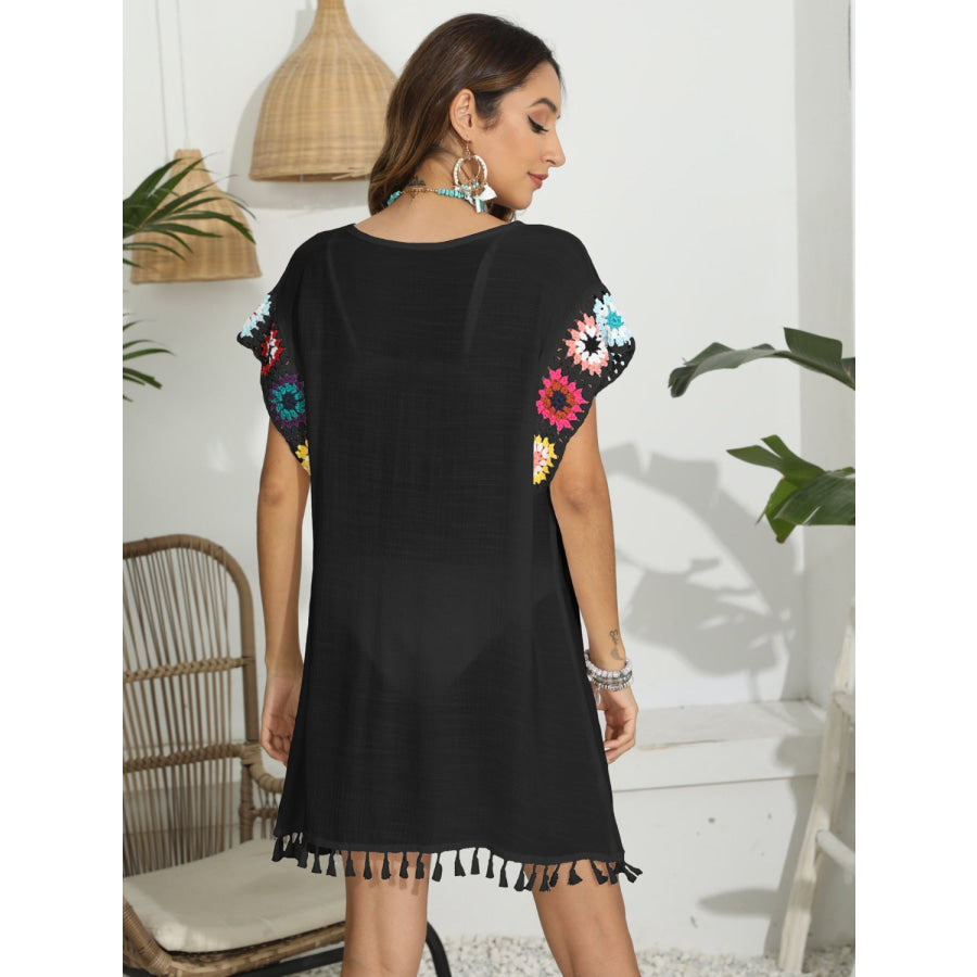 Tassel Boat Neck Flutter Sleeve Cover Up Black / One Size Apparel and Accessories