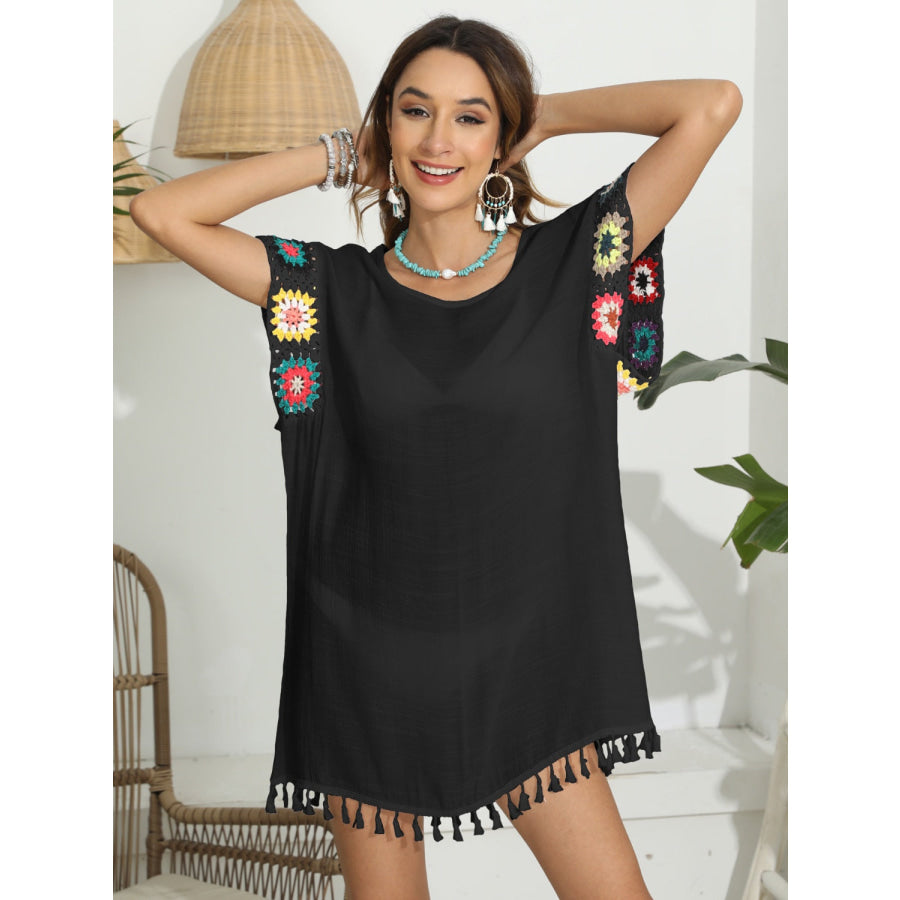 Tassel Boat Neck Flutter Sleeve Cover Up Black / One Size Apparel and Accessories