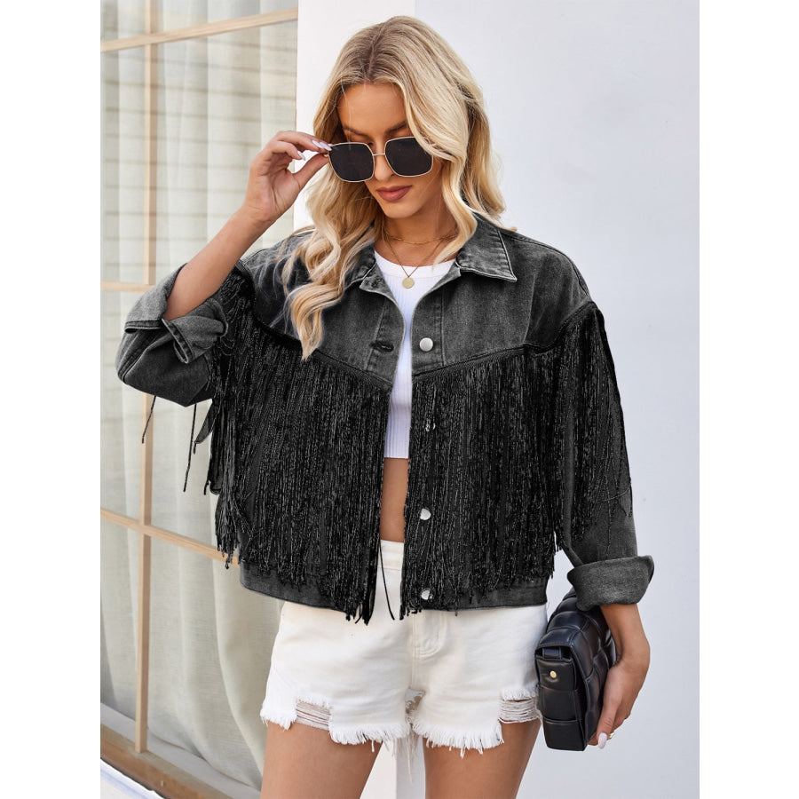 Tassel Button Up Dropped Shoulder Denim Jacket Apparel and Accessories