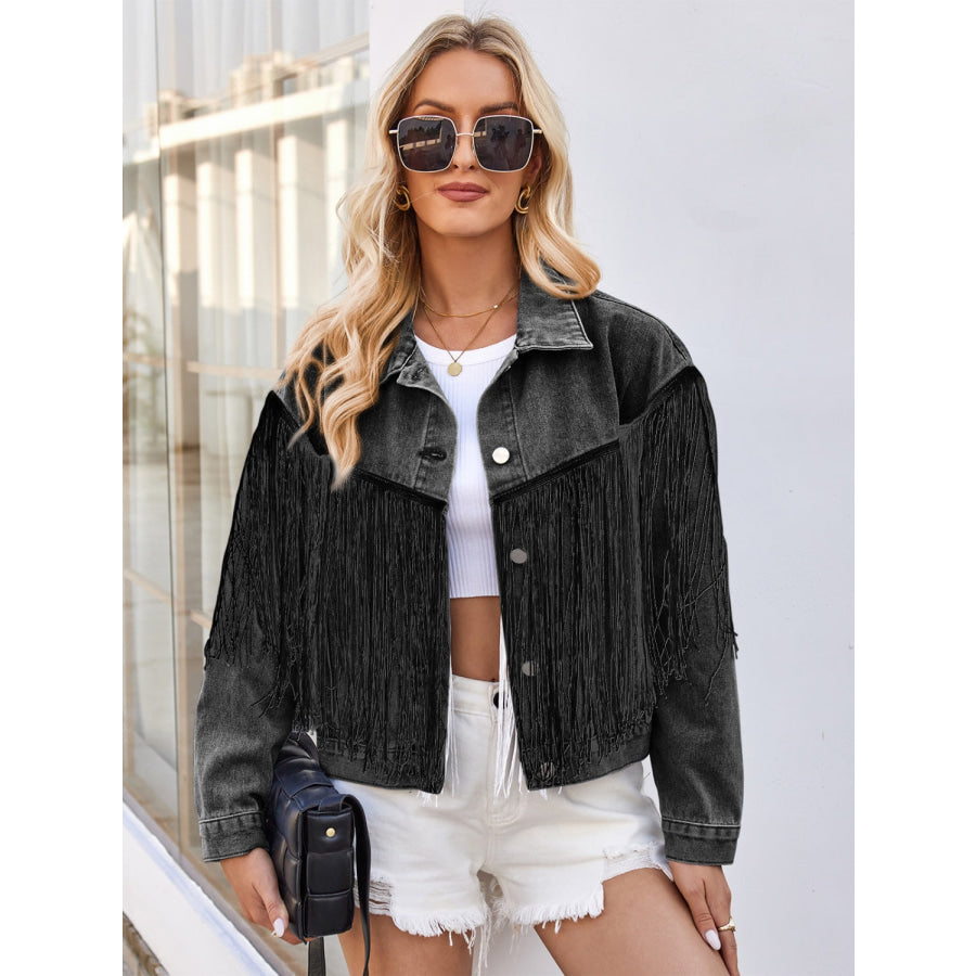 Tassel Button Up Dropped Shoulder Denim Jacket Apparel and Accessories