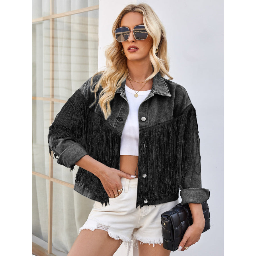 Tassel Button Up Dropped Shoulder Denim Jacket Apparel and Accessories