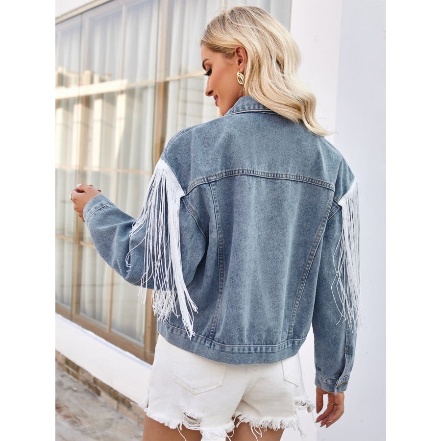 Tassel Button Up Dropped Shoulder Denim Jacket Apparel and Accessories