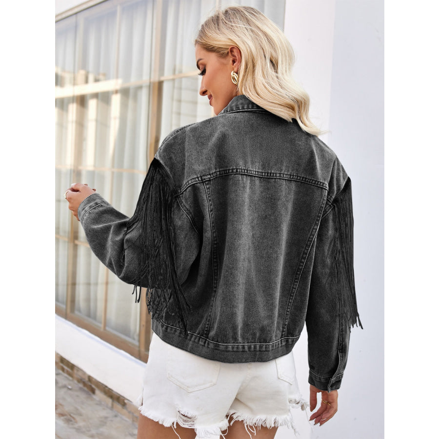 Tassel Button Up Dropped Shoulder Denim Jacket Apparel and Accessories