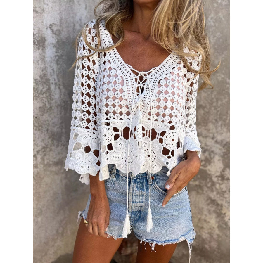 Tassel Crochet Knit Cover Up White / One Size Apparel and Accessories