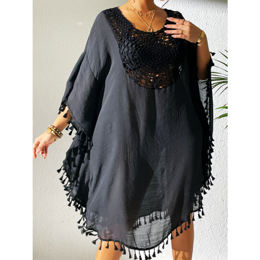 Tassel Cutout Scoop Neck Cover - Up Dress Apparel and Accessories