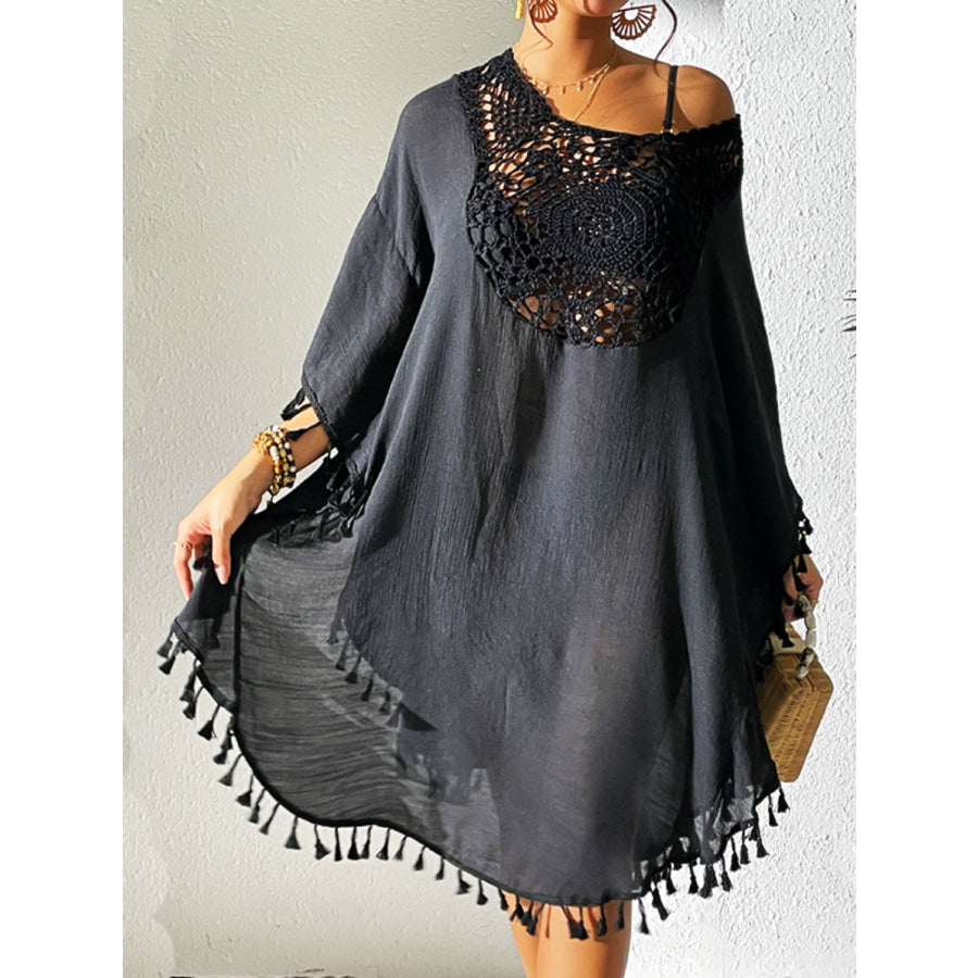 Tassel Cutout Scoop Neck Cover - Up Dress Black / One Size Apparel and Accessories