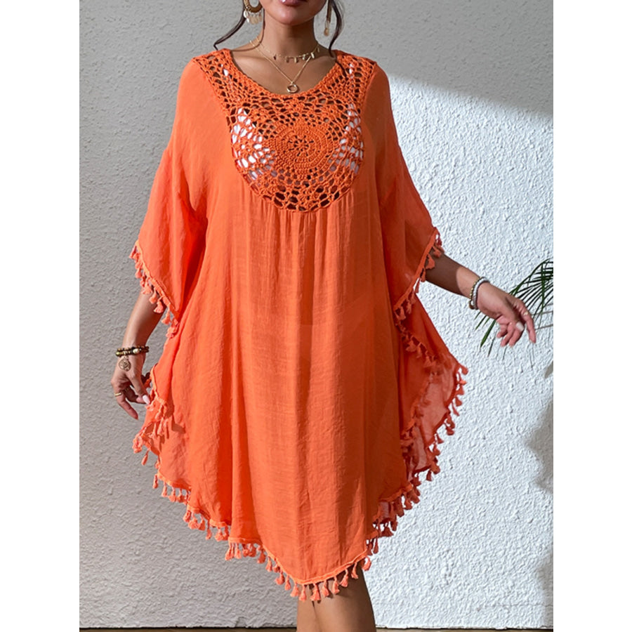 Tassel Cutout Scoop Neck Cover - Up Dress Orange / One Size Apparel and Accessories