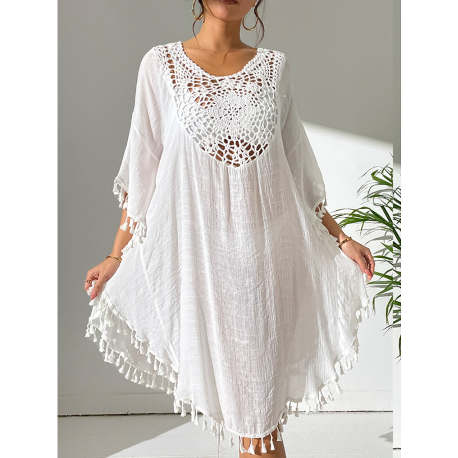 Tassel Cutout Scoop Neck Cover - Up Dress White / One Size Apparel and Accessories