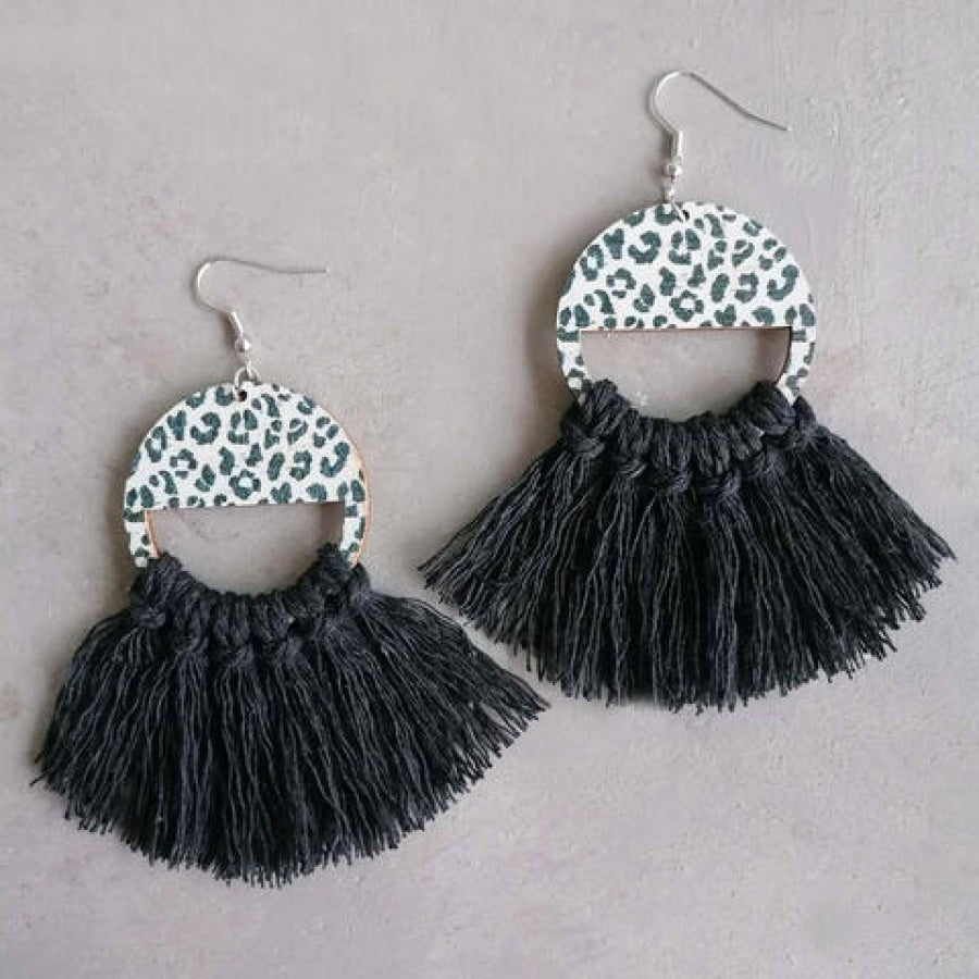 Tassel Detail Leopard Drop Earrings Black / One Size