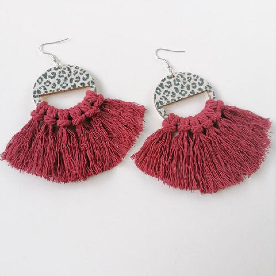 Tassel Detail Leopard Drop Earrings Deep Red / One Size