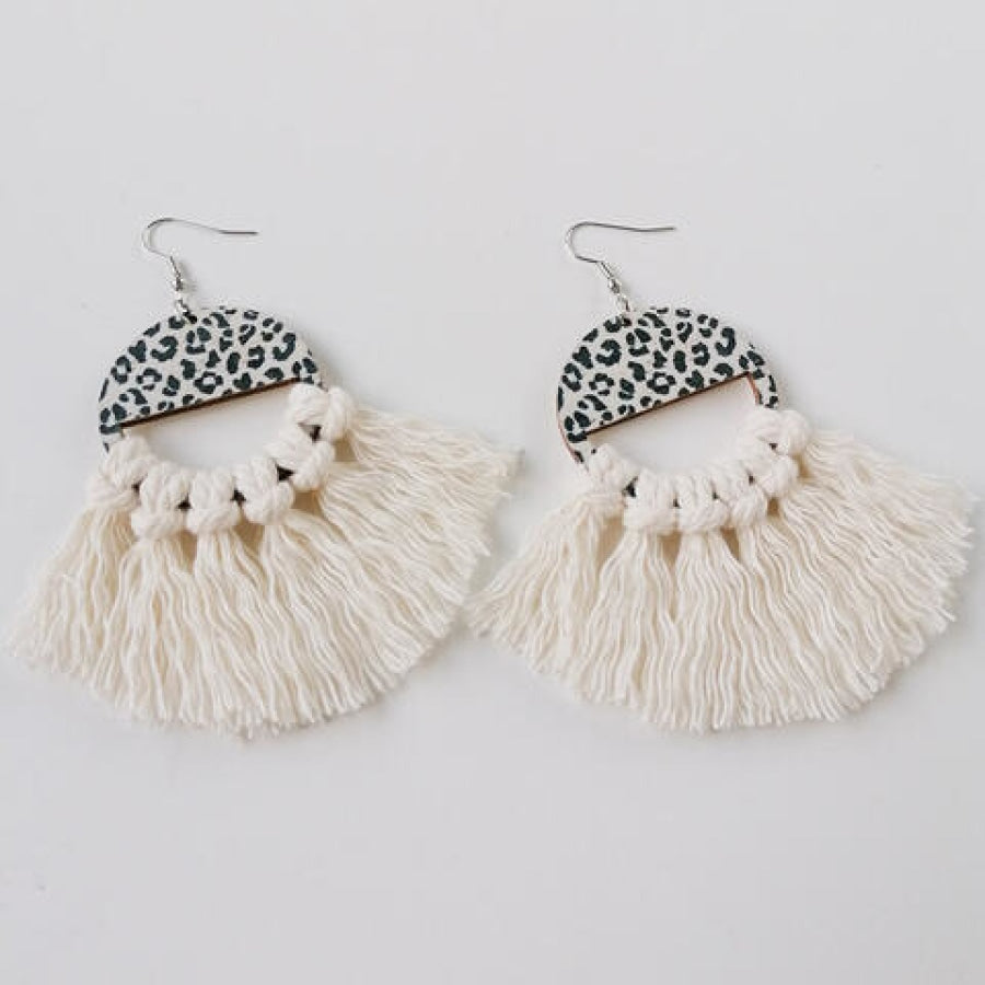 Tassel Detail Leopard Drop Earrings Ivory / One Size