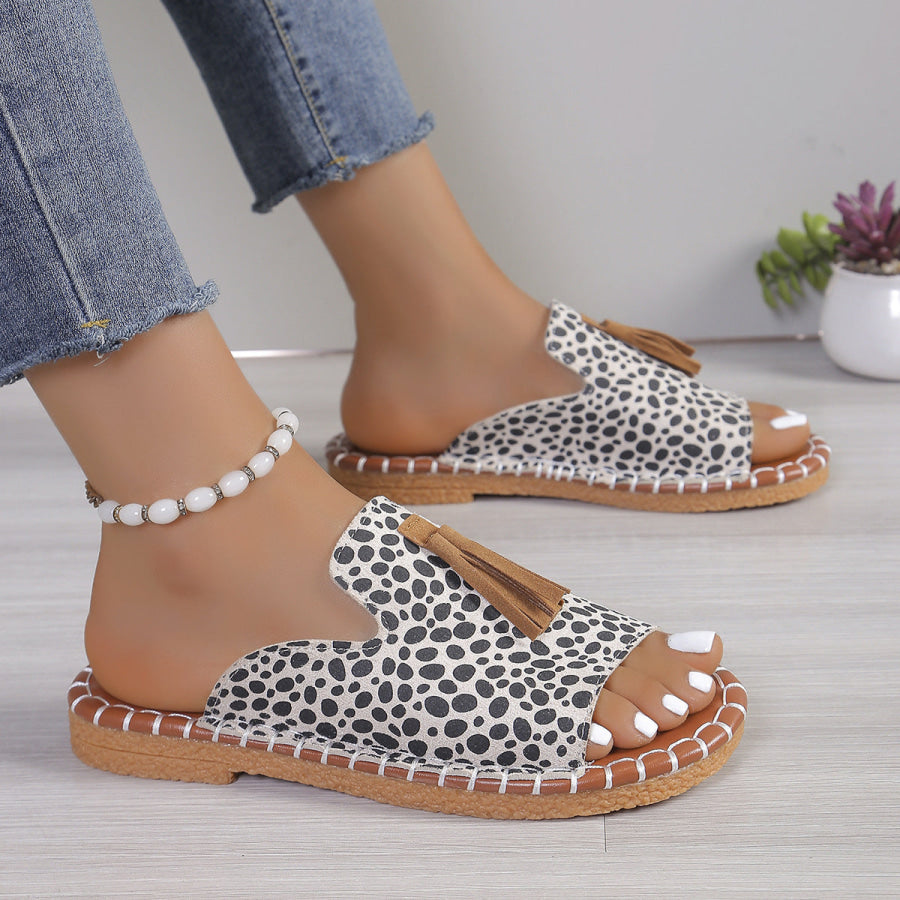 Tassel Detail Open Toe Sandals White Leopard Print / 36 Apparel and Accessories