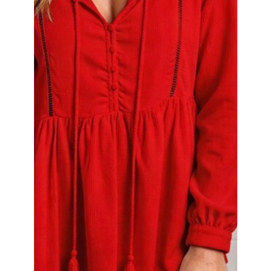 Tassel Drawstring Long Sleeve Peplum Top Apparel and Accessories