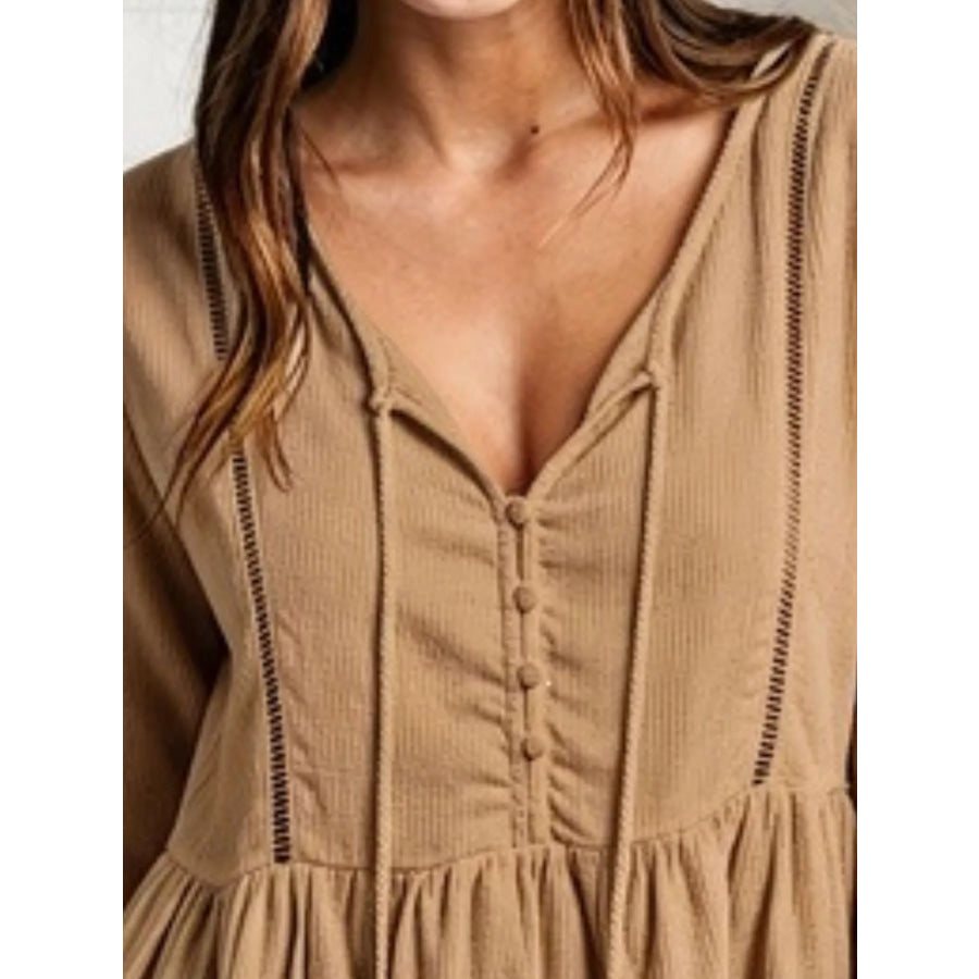 Tassel Drawstring Long Sleeve Peplum Top Apparel and Accessories