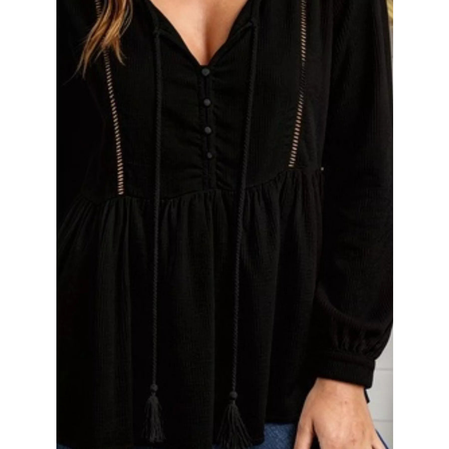 Tassel Drawstring Long Sleeve Peplum Top Apparel and Accessories