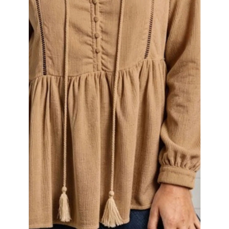 Tassel Drawstring Long Sleeve Peplum Top Apparel and Accessories