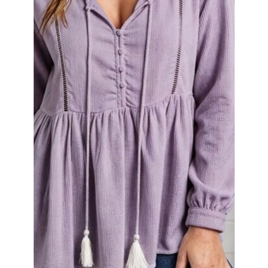 Tassel Drawstring Long Sleeve Peplum Top Apparel and Accessories