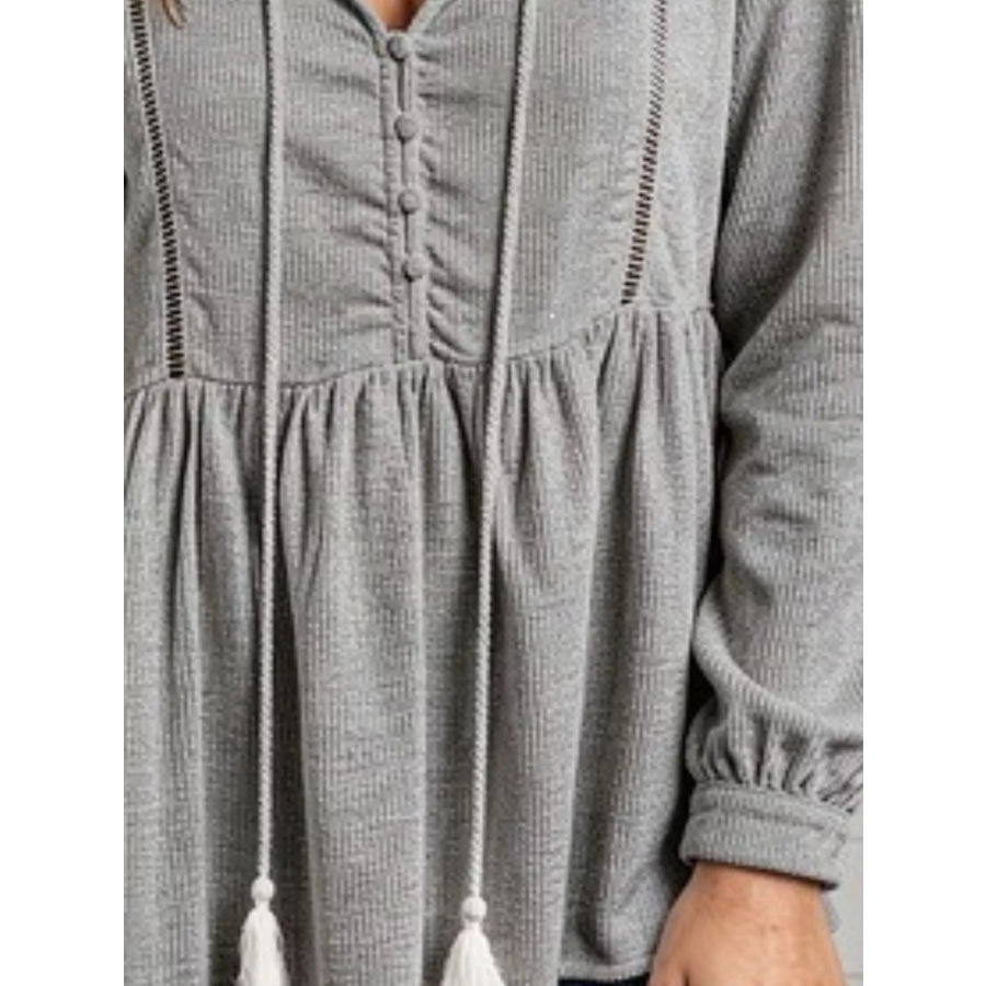 Tassel Drawstring Long Sleeve Peplum Top Apparel and Accessories