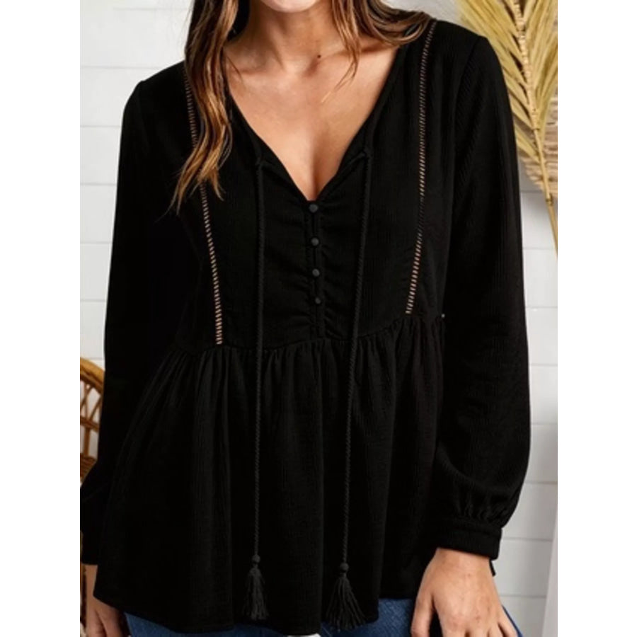 Tassel Drawstring Long Sleeve Peplum Top Black / S Apparel and Accessories