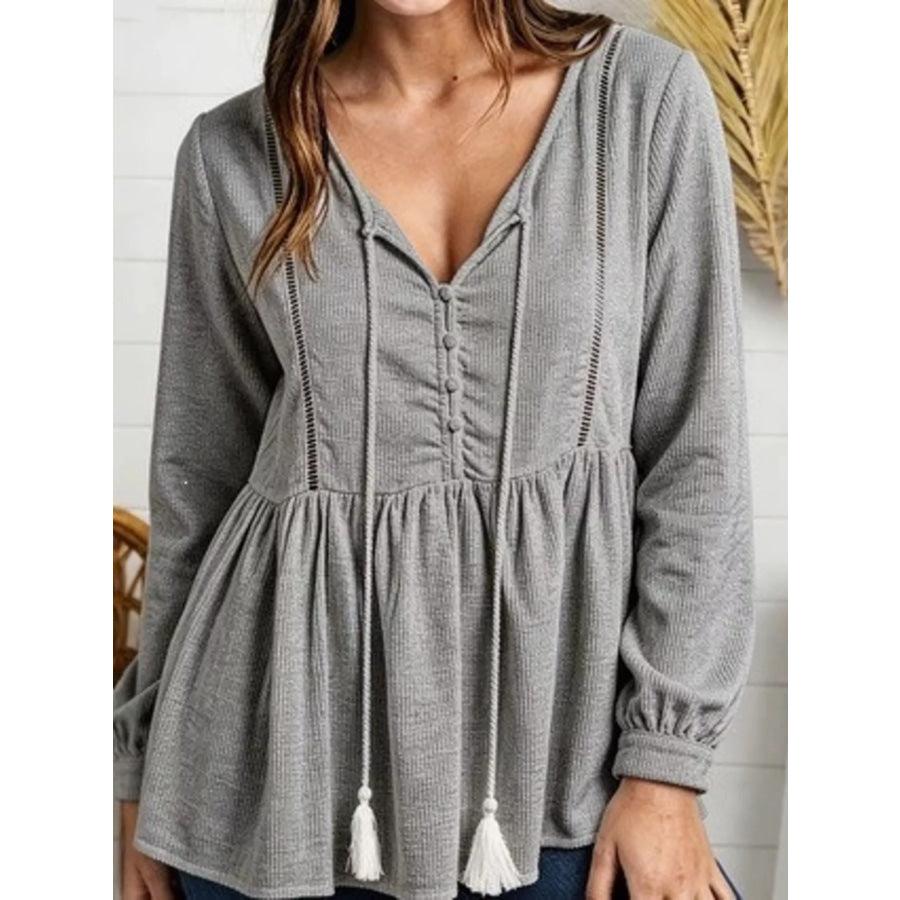 Tassel Drawstring Long Sleeve Peplum Top Gray / S Apparel and Accessories