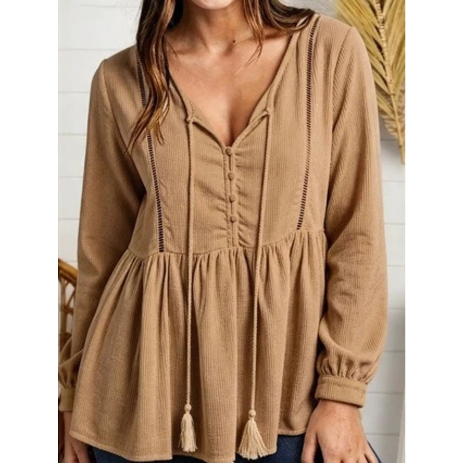 Tassel Drawstring Long Sleeve Peplum Top Khaki / S Apparel and Accessories
