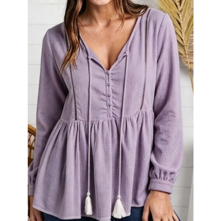 Tassel Drawstring Long Sleeve Peplum Top Purple / S Apparel and Accessories