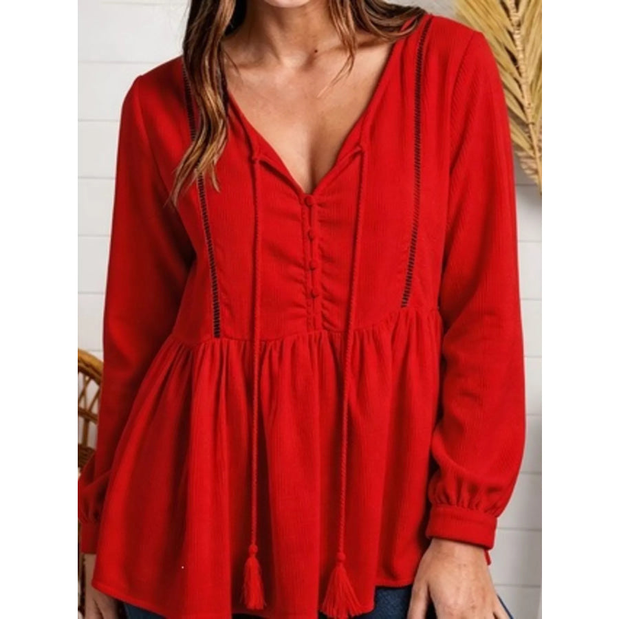 Tassel Drawstring Long Sleeve Peplum Top Red / S Apparel and Accessories