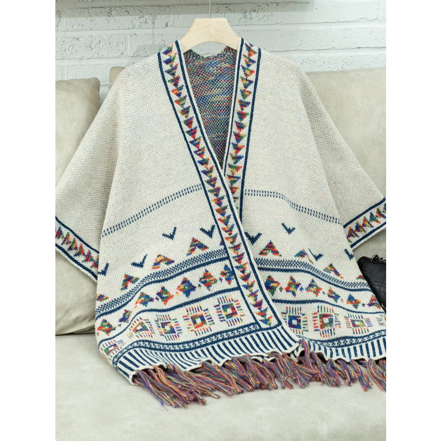 Tassel Geometric Pattern Knit Poncho Beige / F Apparel and Accessories