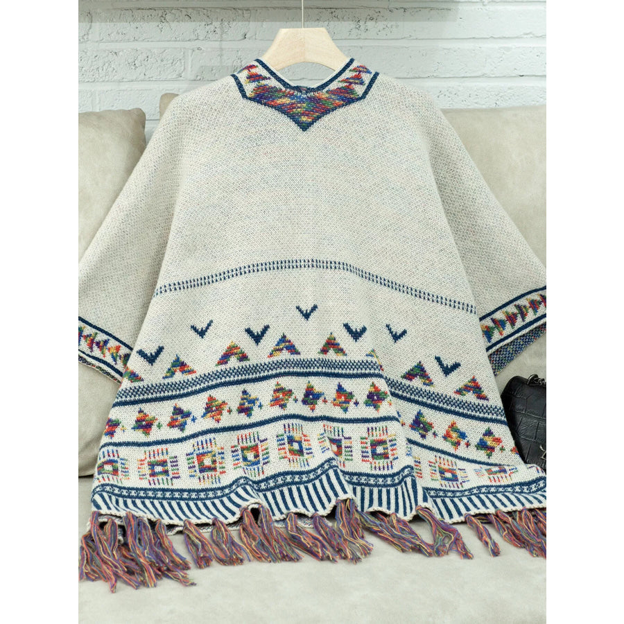 Tassel Geometric Pattern Knit Poncho Beige / F Apparel and Accessories