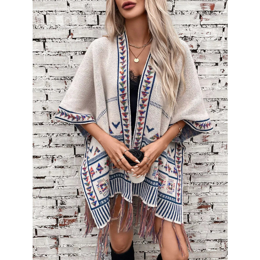 Tassel Geometric Pattern Knit Poncho Beige / F Apparel and Accessories