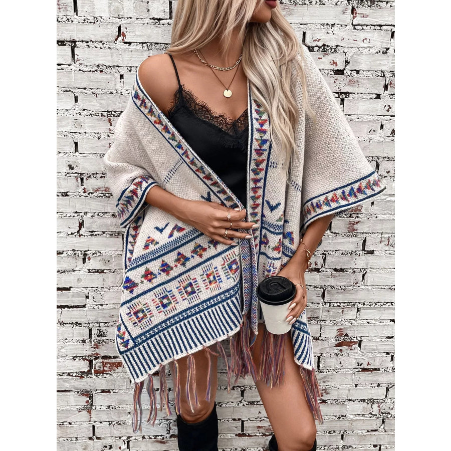 Tassel Geometric Pattern Knit Poncho Beige / F Apparel and Accessories