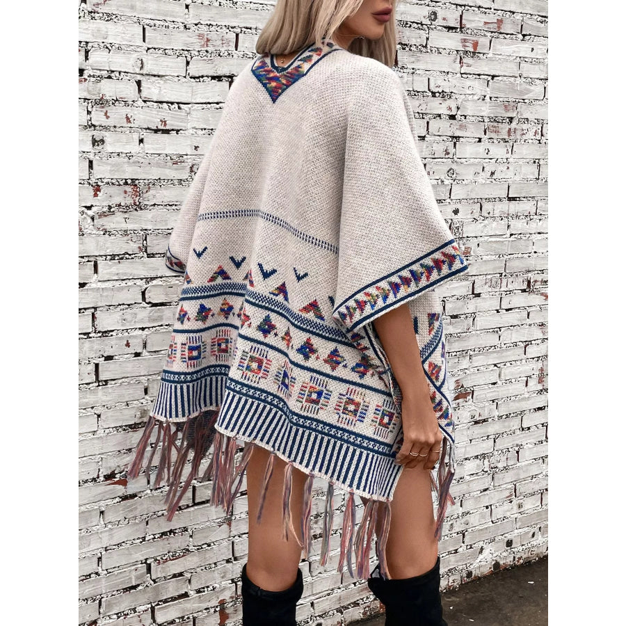 Tassel Geometric Pattern Knit Poncho Beige / F Apparel and Accessories