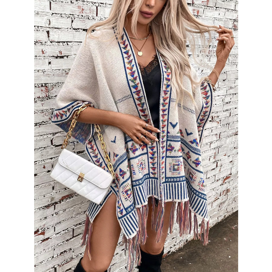 Tassel Geometric Pattern Knit Poncho Beige / F Apparel and Accessories