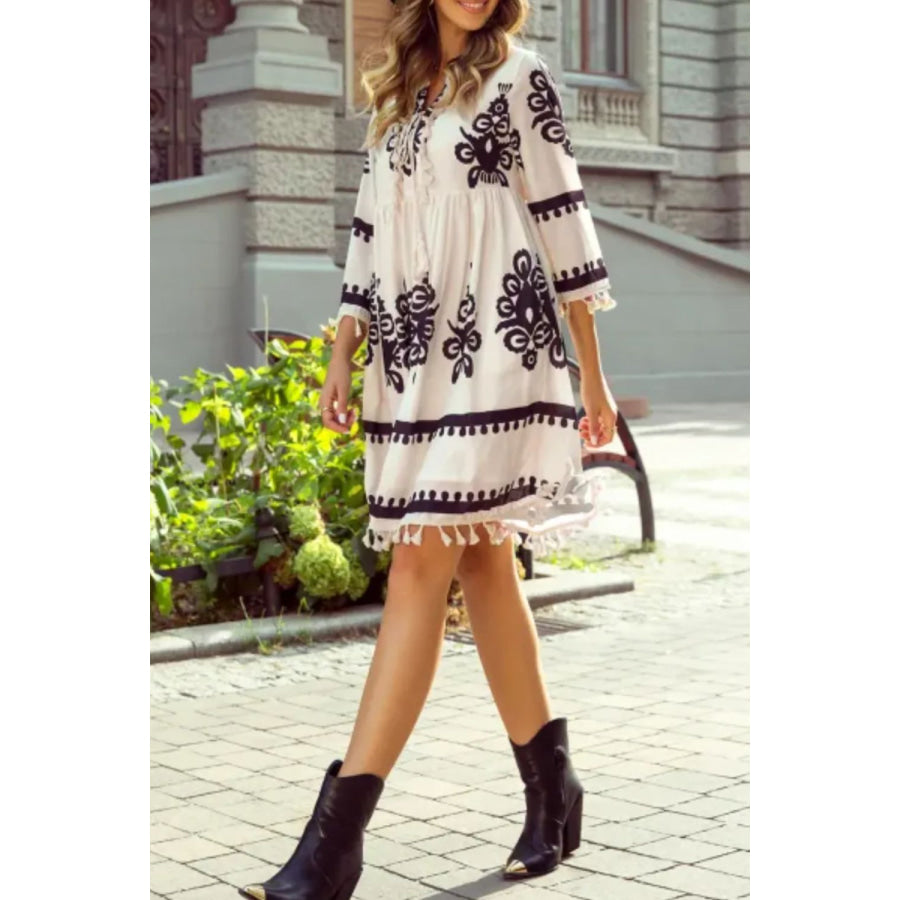 Tassel Hem 3/4 Sleeve Mini Dress Apparel and Accessories